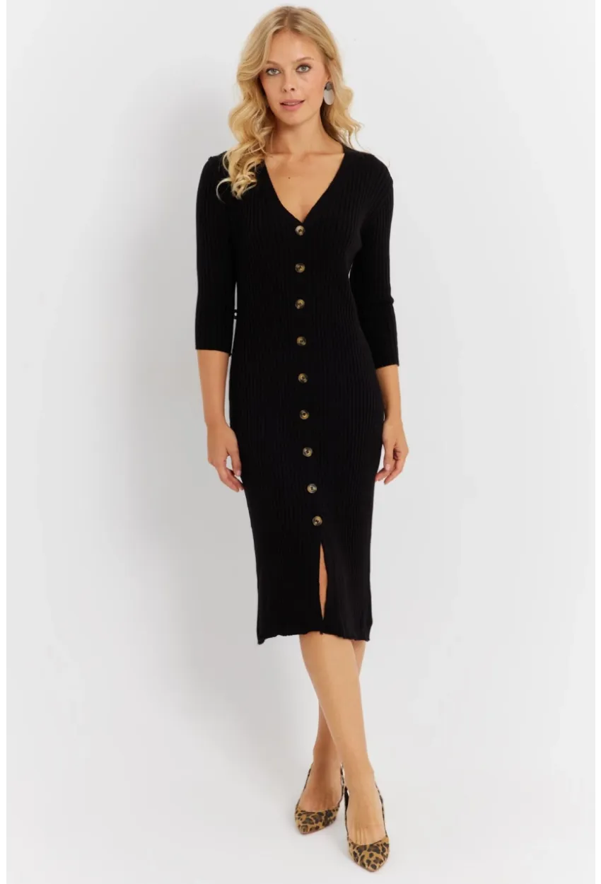 Kadın Siyah Triko Midi Gömlek Elbise YV274