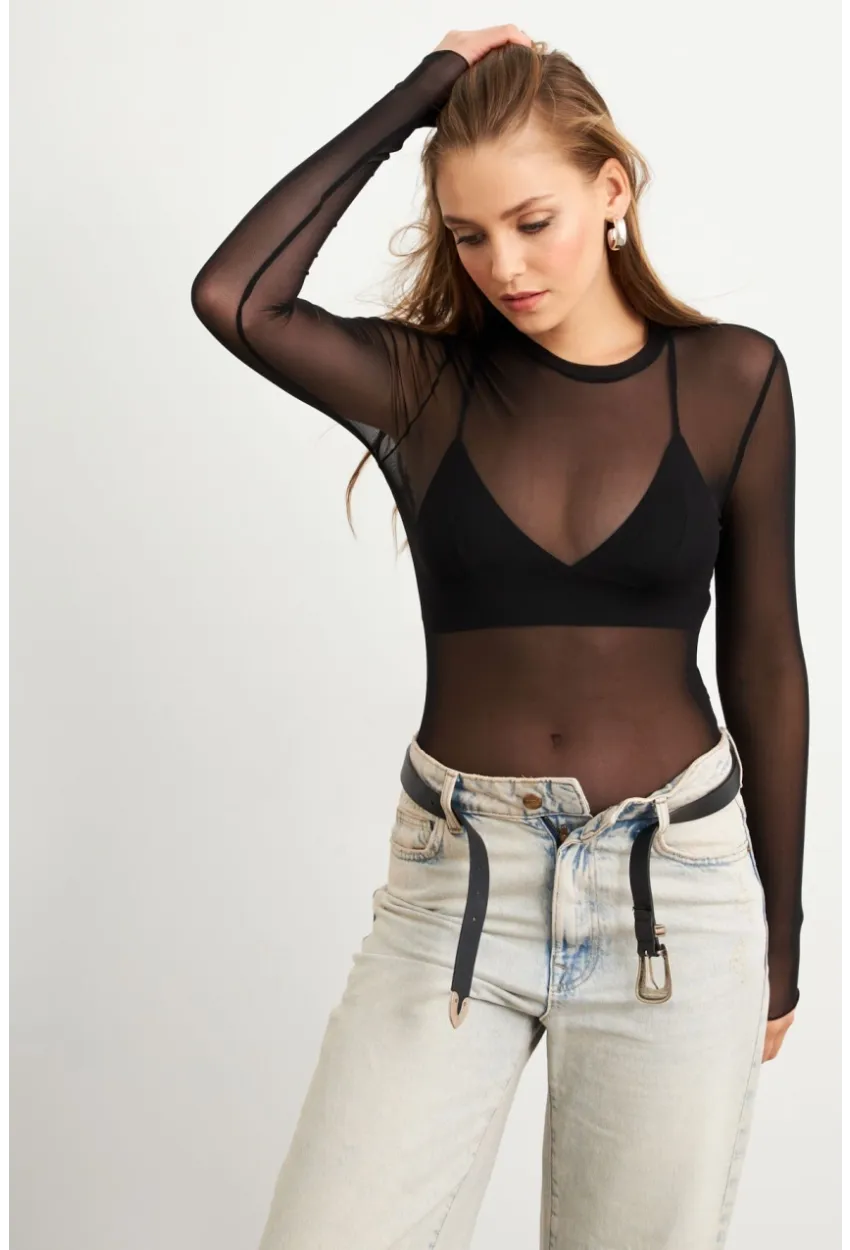 Kadın Siyah Tül Body RX454