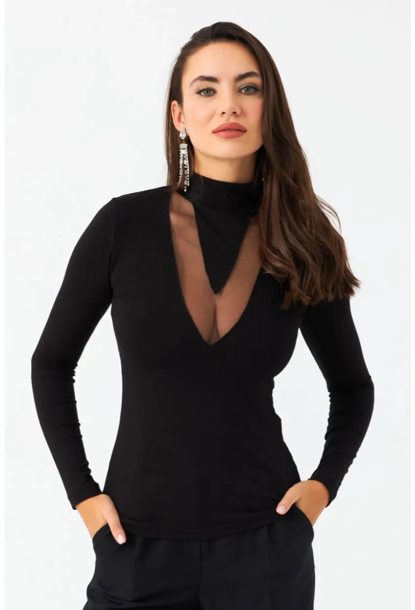 Kadın Siyah Tül Detaylı Bluz EY2977