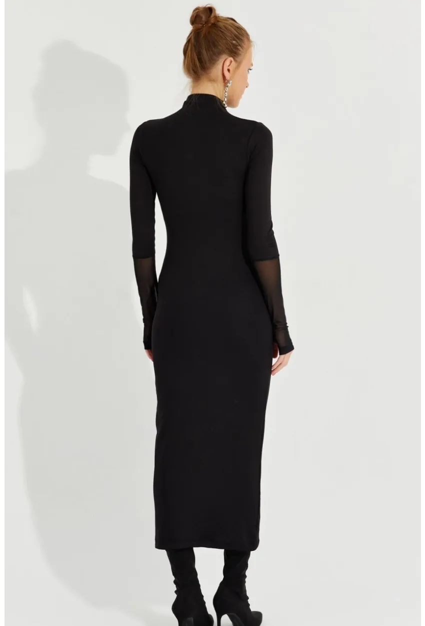 Kadın Siyah Tül Detaylı Eldivenli Midi Elbise MEY2600