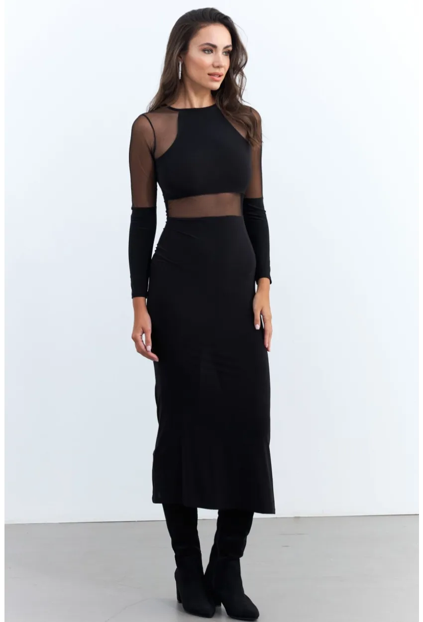 Kadın Siyah Tül Detaylı Midi Elbise ELT3834