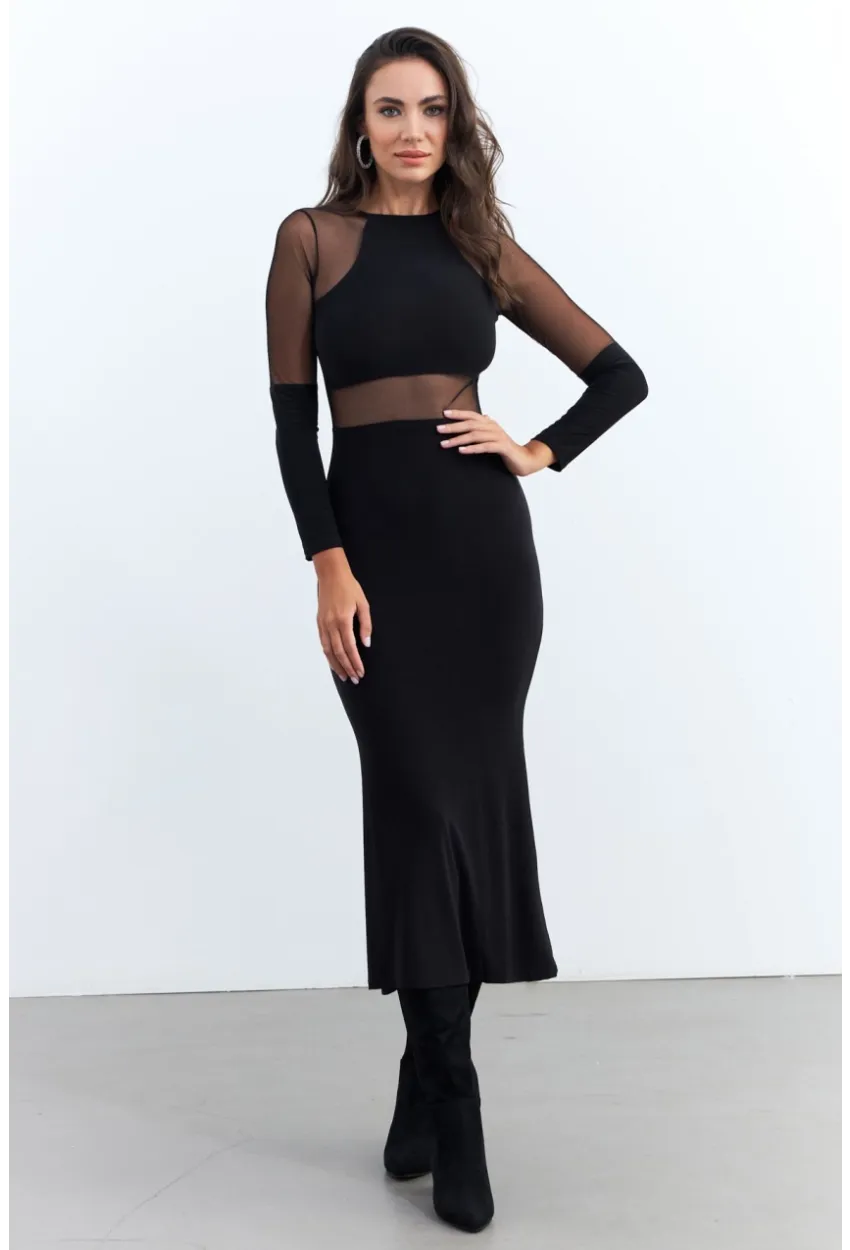 Kadın Siyah Tül Detaylı Midi Elbise ELT3834