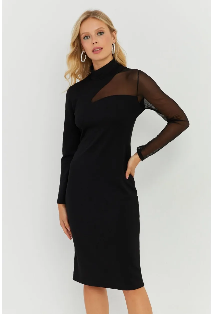 Kadın Siyah Tül Detaylı Midi Elbise ST5022