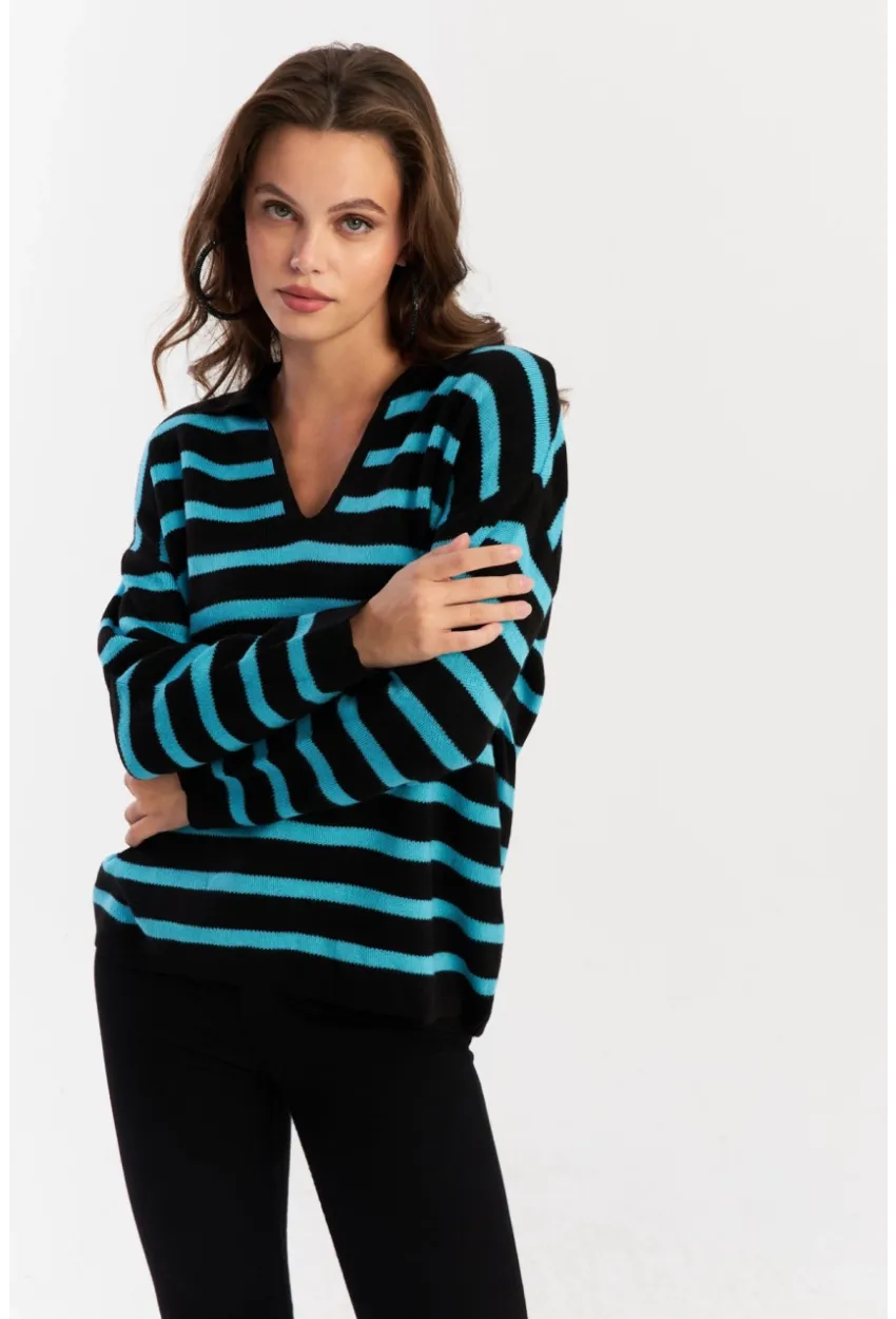 Kadın Siyah-Turkuaz Polo Yaka Çizgili Triko Kazak SE01