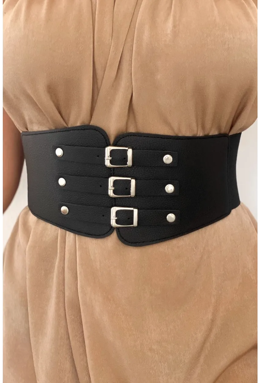 Kadın Siyah Üç Tokalı Lastikli Korse Kemer BE642