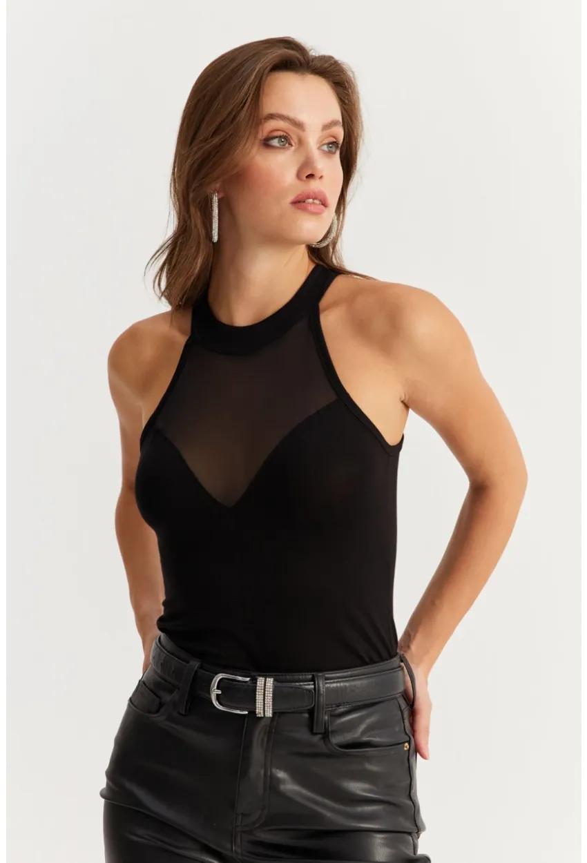 Kadın Siyah Üstü Tül Halter Yaka Bluz EY2922