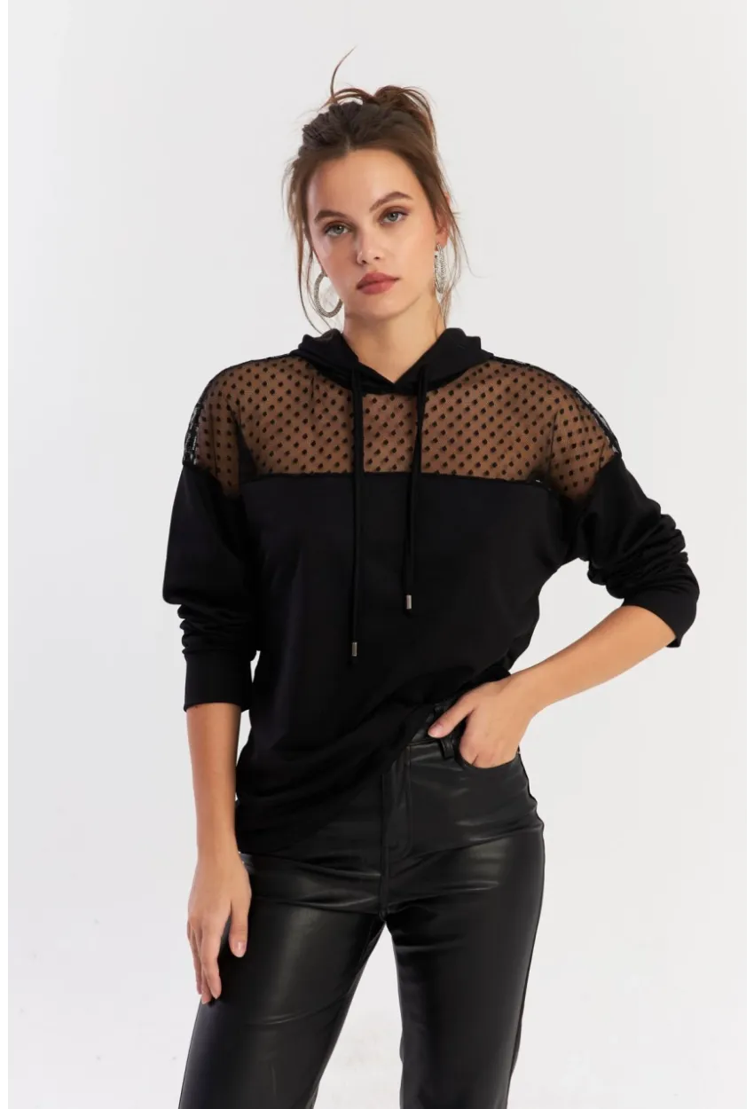 Kadın Siyah Üstü Tül Kapüşonlu Sweatshirt EY2934