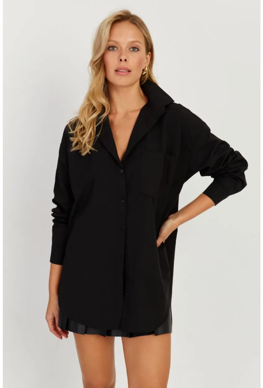 Kadın Siyah Uzun Basic Gömlek SF2535