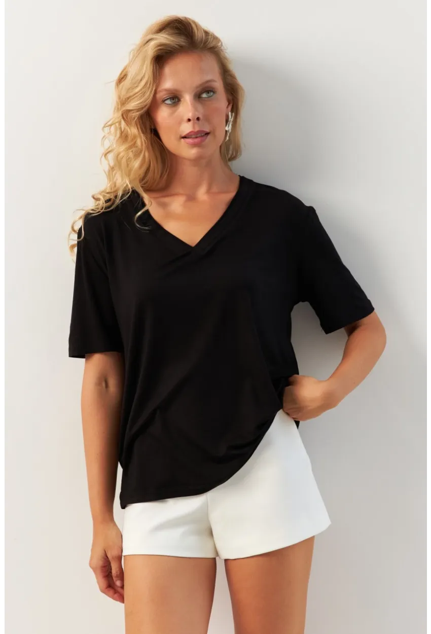 Kadın Siyah V Yaka Bluz RX441