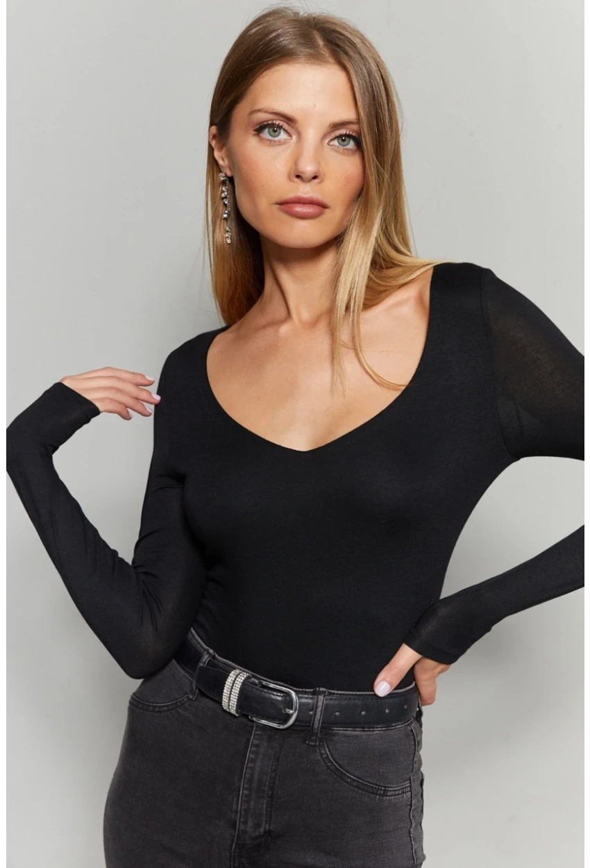 Kadın Siyah V Yaka Çıtçıtlı Body Fİ792