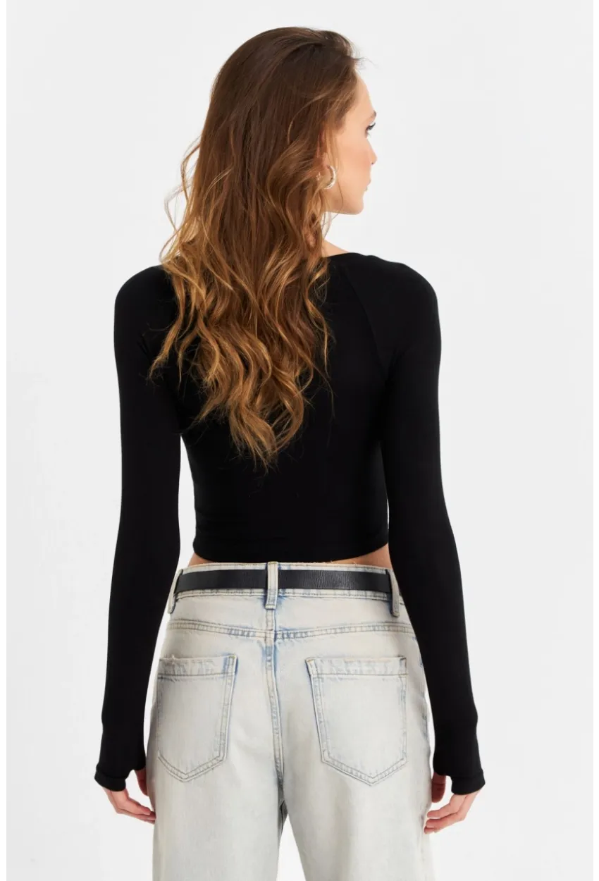 Kadın Siyah V Yaka Crop Bluz DMR389