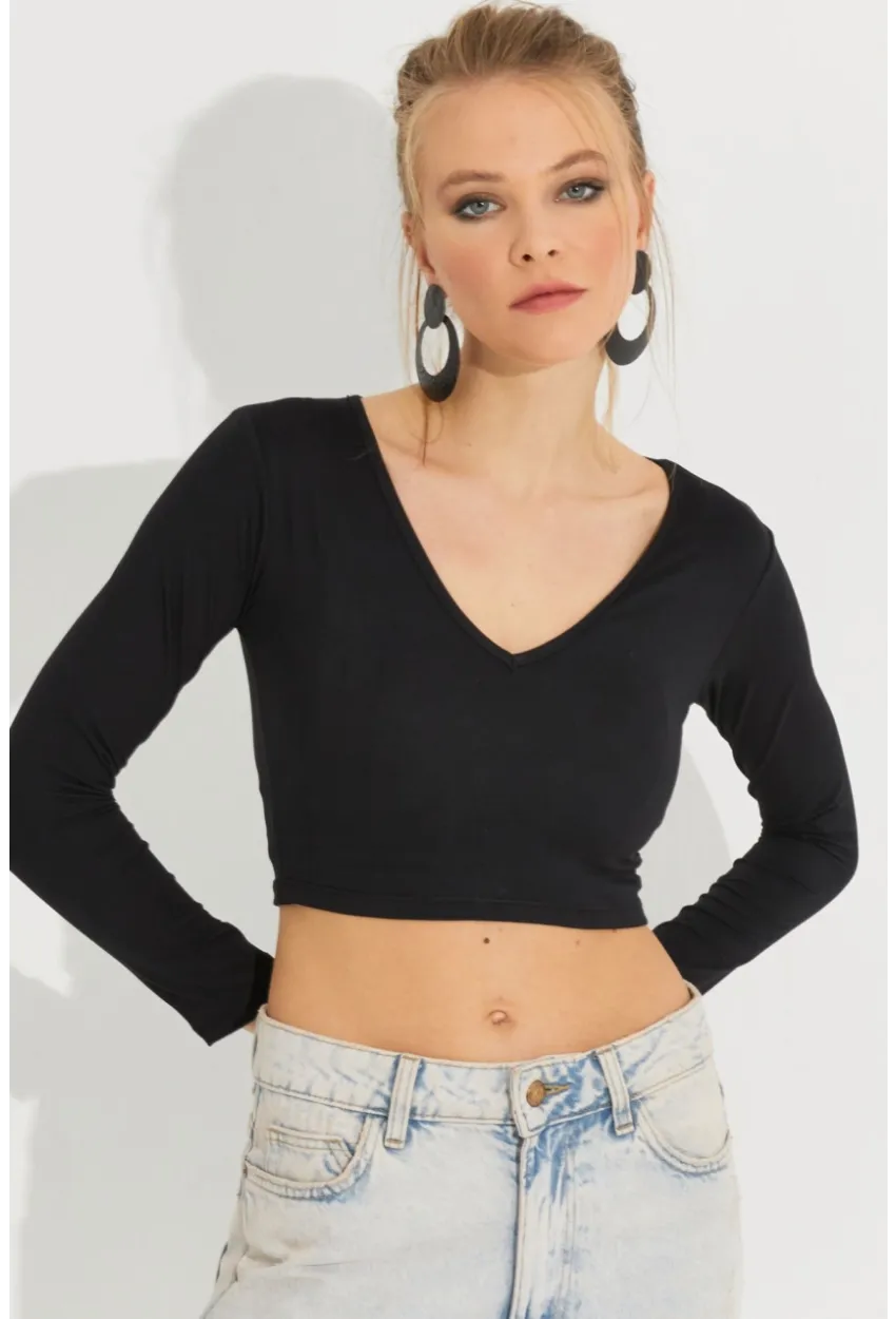 Kadın Siyah V Yaka Crop Bluz LPP1241