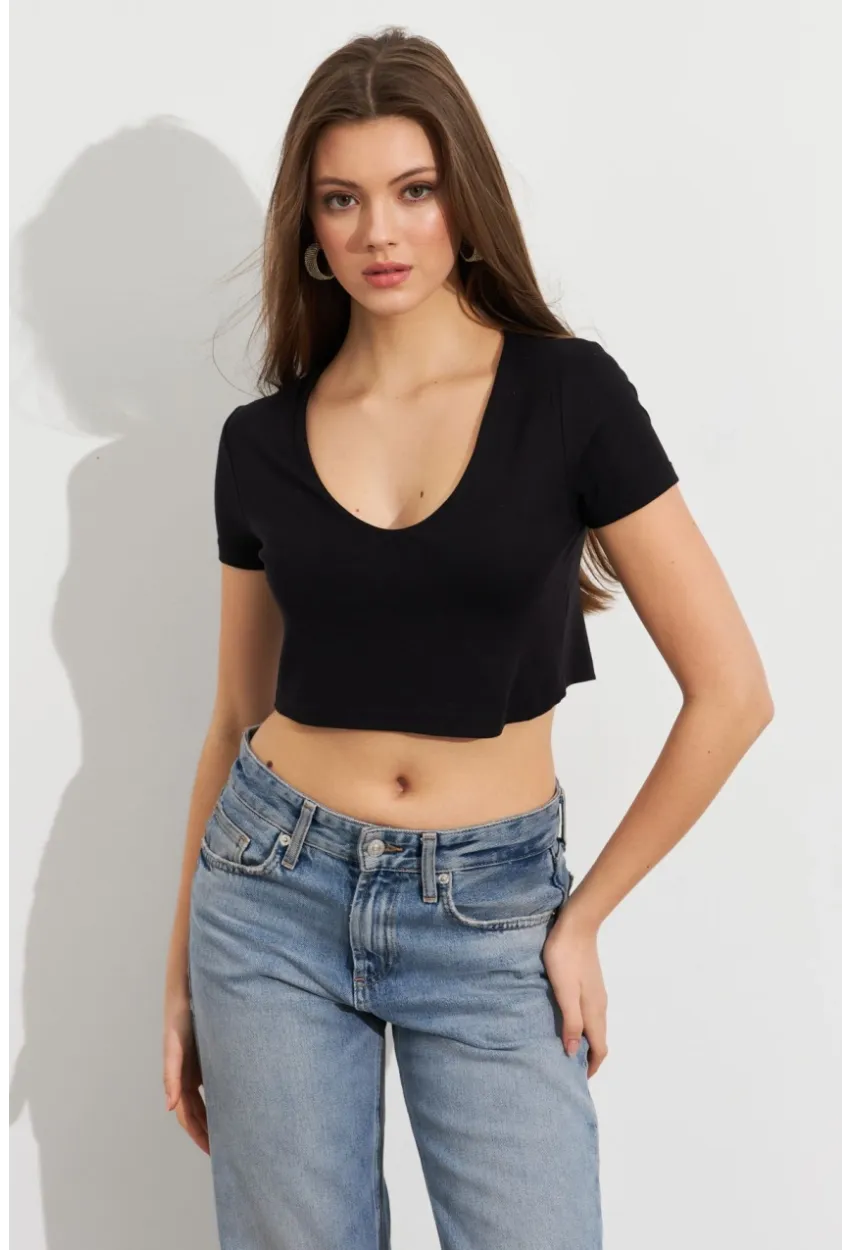 Kadın Siyah V Yaka Crop Bluz TOP101