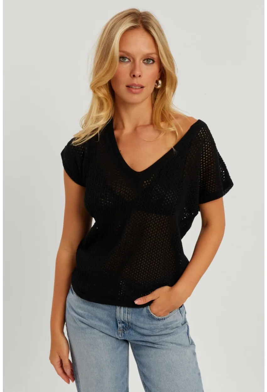 Kadın Siyah V Yaka Fileli Bluz SMT230