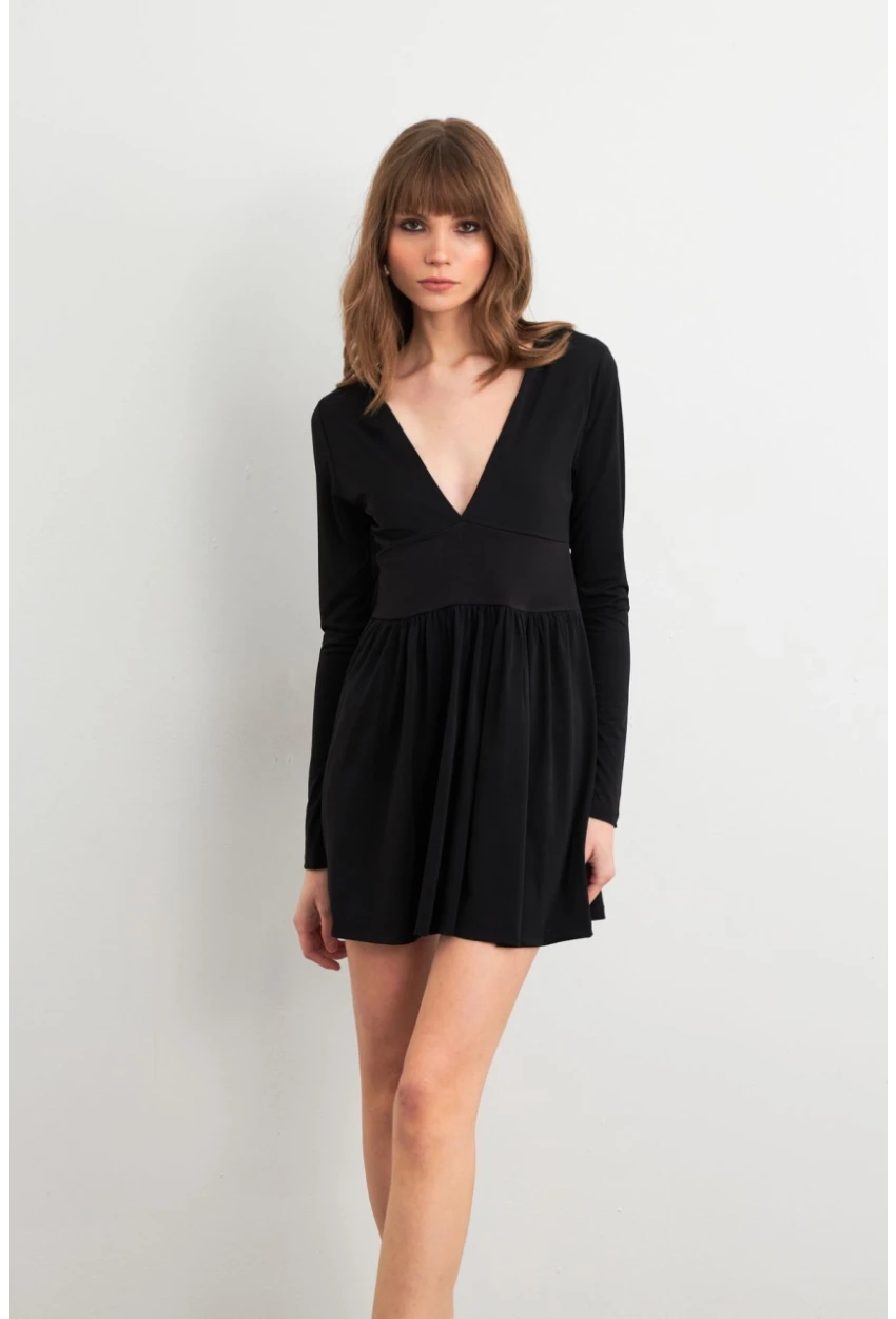 Kadın Siyah V Yaka Mini Elbise LİK17
