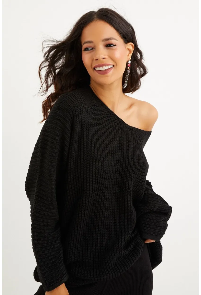 Kadın Siyah V Yaka Salaş Oversize Triko Tunik SMT158