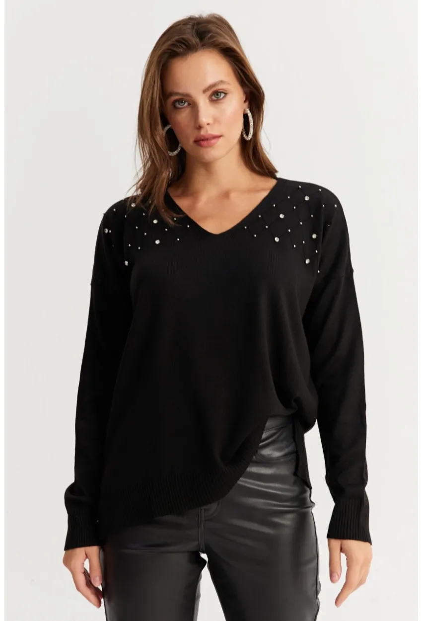 Kadın Siyah V Yaka Taşlı İnce Triko Bluz YİL002