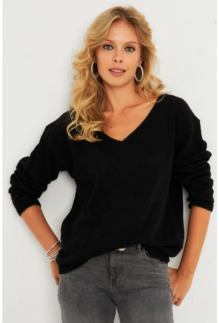 Kadın Siyah V Yaka Triko Bluz YV282
