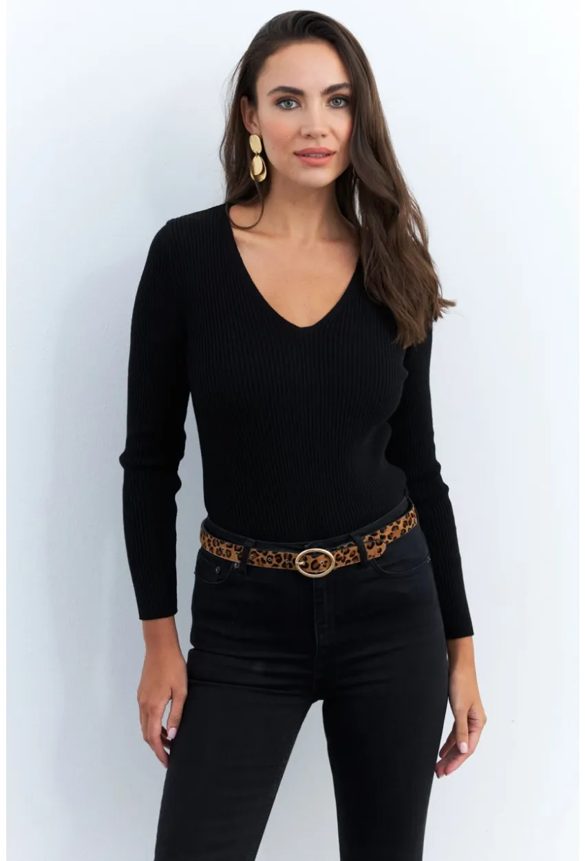 Kadın Siyah V Yaka Triko Bluz YV284