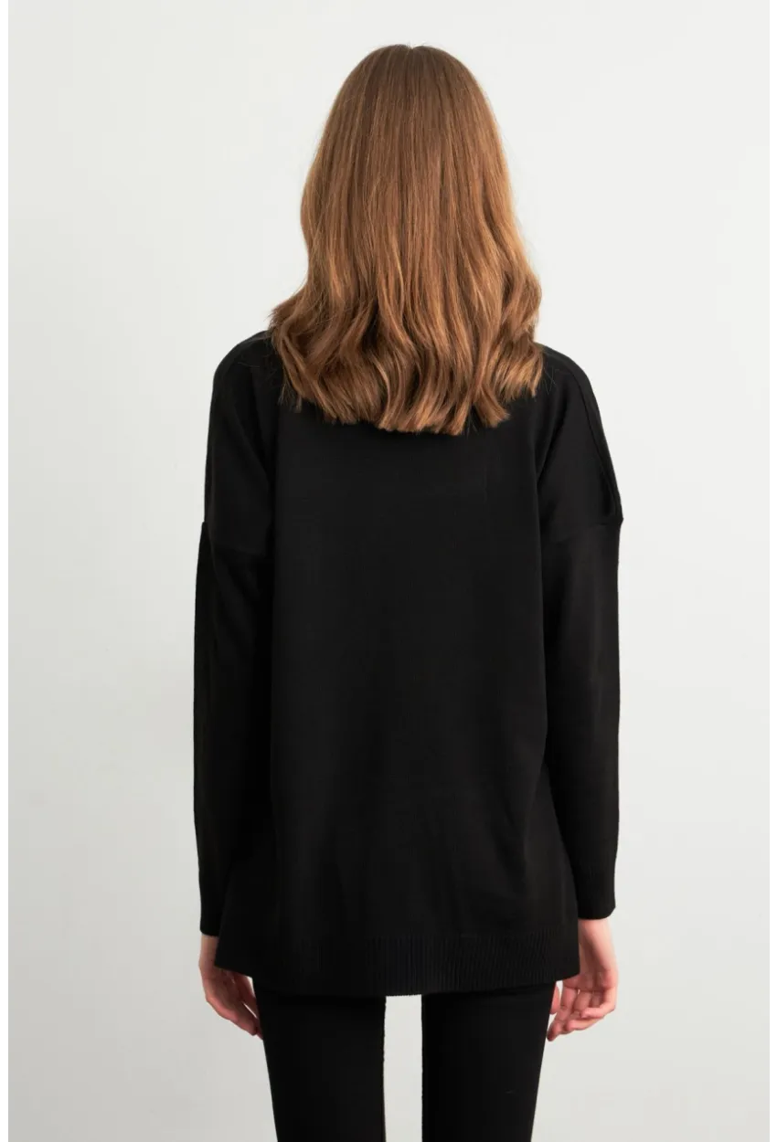 Kadın Siyah V Yaka Triko Kazak YİL549