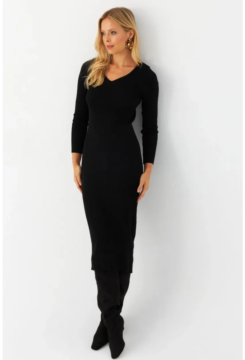 Kadın Siyah V Yaka Triko Midi Elbise YİL560