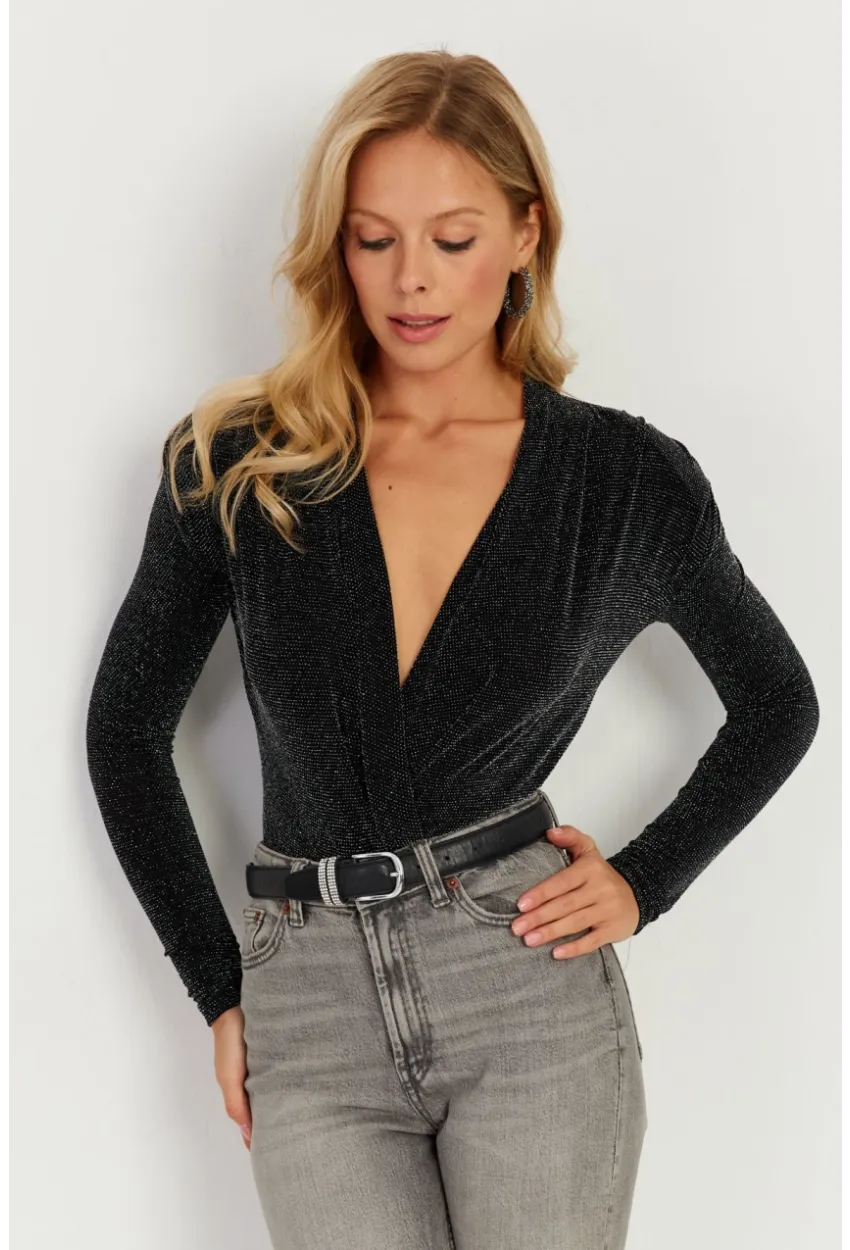 Kadın Siyah Vatkalı Kruvaze Çıtçıtlı Bodysuit GÇ151