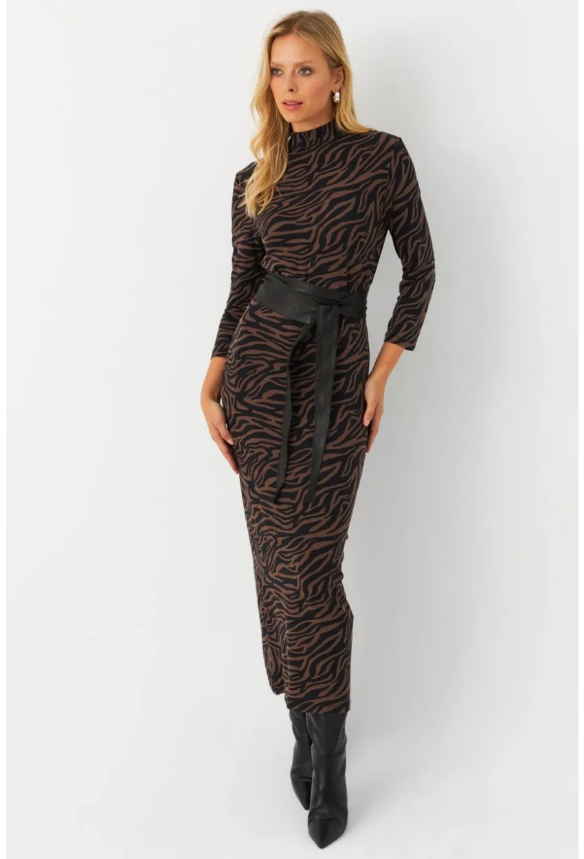Kadın Siyah-Vizon Desenli Midi Elbise MLPP400