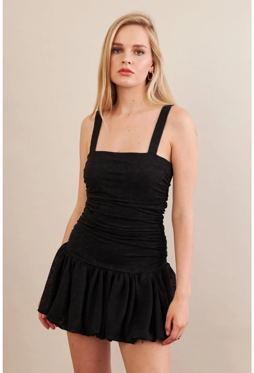 Kadın Siyah Volanlı Astarlı Mini Tül Elbise KED7316