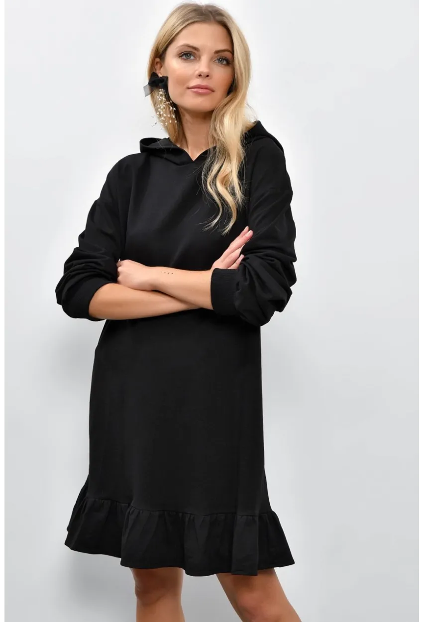 Kadın Siyah Volanlı Kapüşonlu Sweat Elbise B40