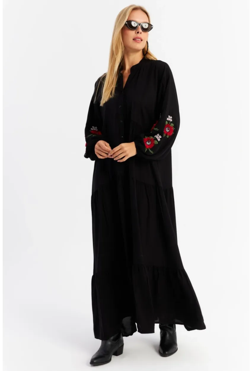 Kadın Siyah Volanlı Maxi Elbise MALO9