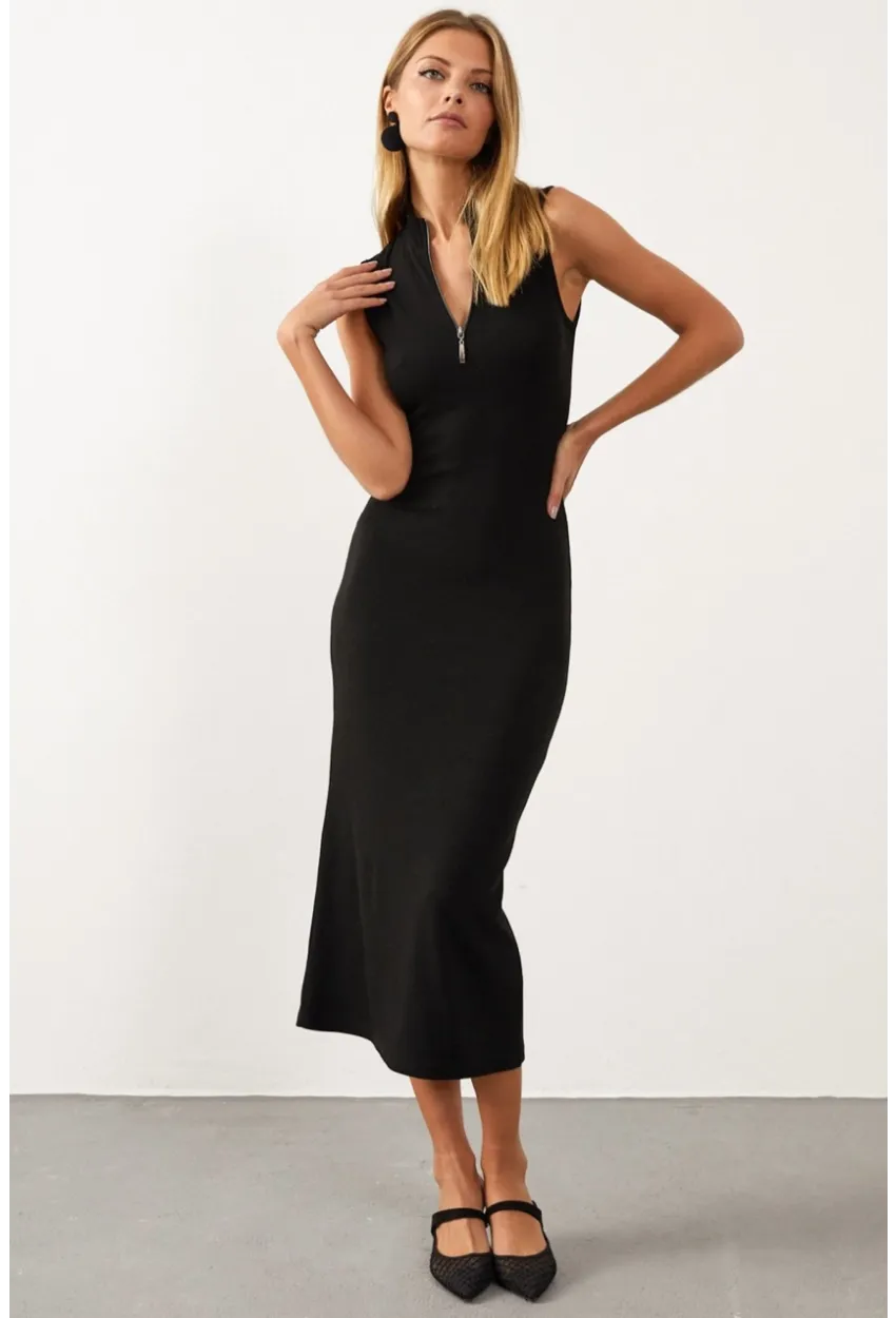 Kadın Siyah Yakası Fermuarlı Kolsuz Kaşkorse Elbise Yİ1959