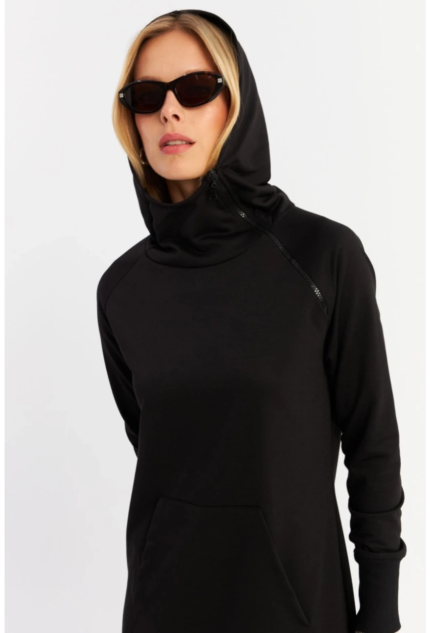 Kadın Siyah Yakası Fermuarlı Maxi Sweat Elbise MTF12