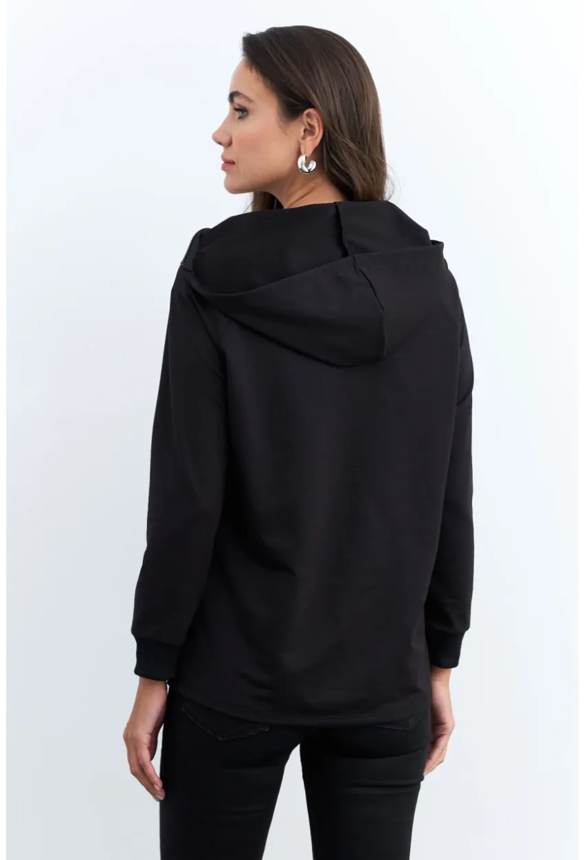 Kadın Siyah Yakası Fermuarlı Sweatshirt TF11