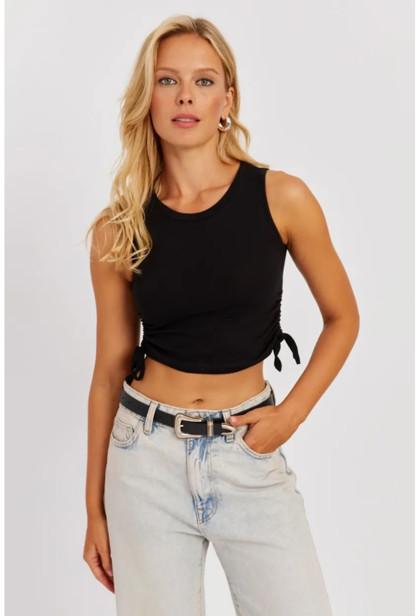 Kadın Siyah Yanları Bağcıklı Kolsuz Bluz MK05