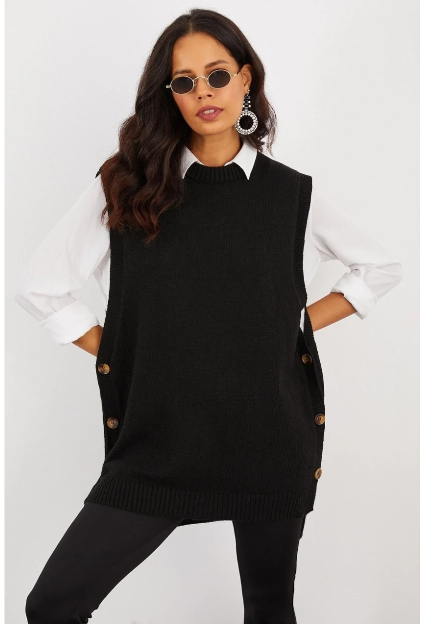 Kadın Siyah Yanları Düğmeli Kolsuz Triko Tunik MYV75