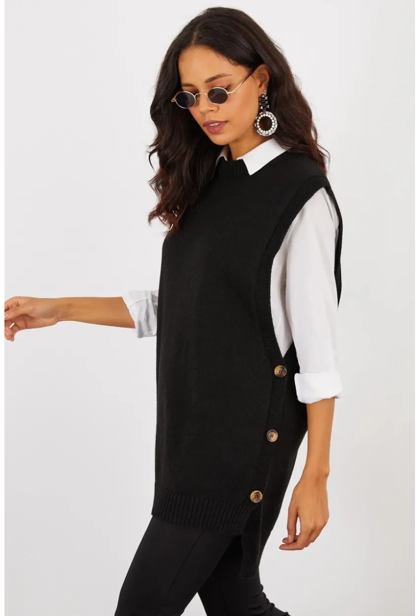 Kadın Siyah Yanları Düğmeli Kolsuz Triko Tunik YV75