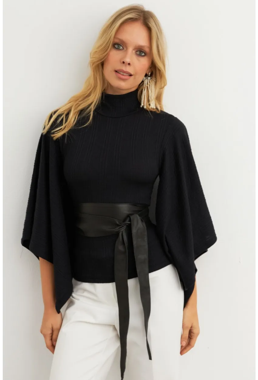 Kadın Siyah Yarasa Kol Balıkçı Bluz MTF32
