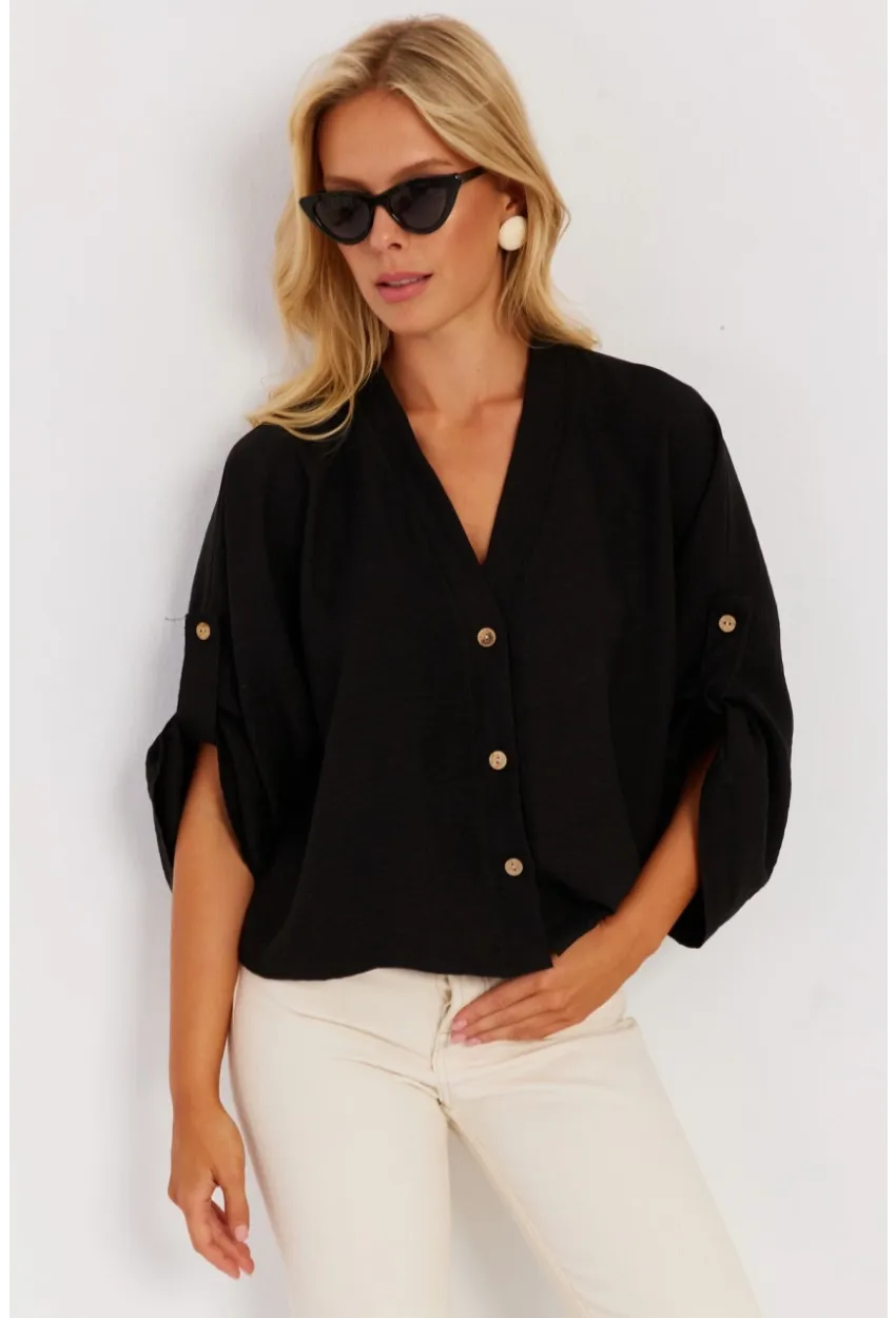 Kadın Siyah Yarasa Kol Kısa Gömlek GÇ160