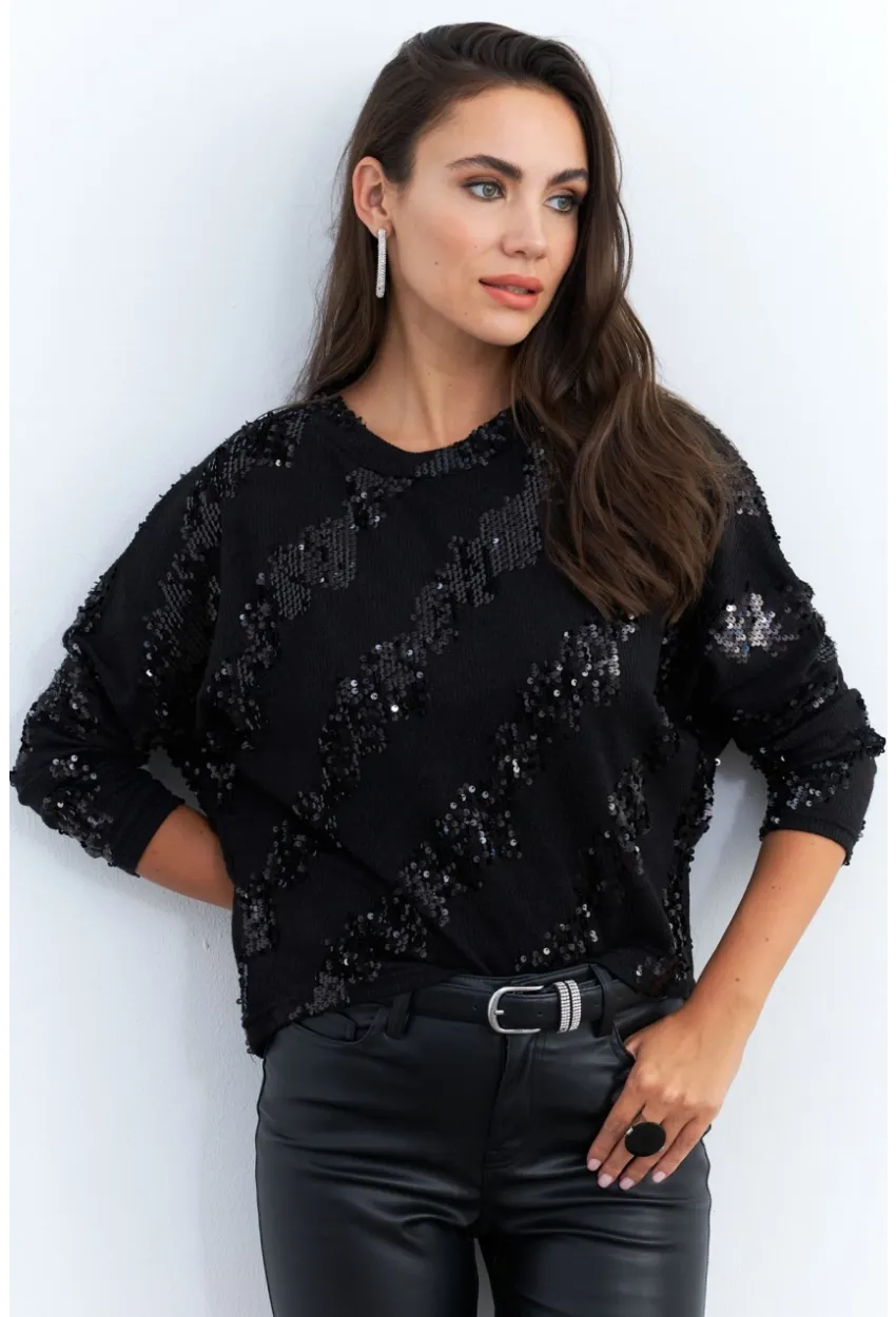 Kadın Siyah Yarasa Kol Payetli Triko Bluz PP6435