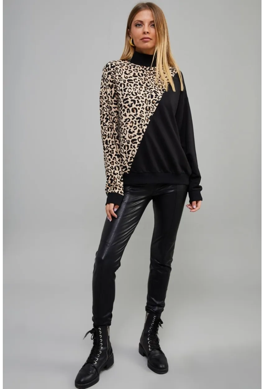 Kadın Siyah Yarım Balıkçı Bloklu Leopar Sweatshirt Yİ1991