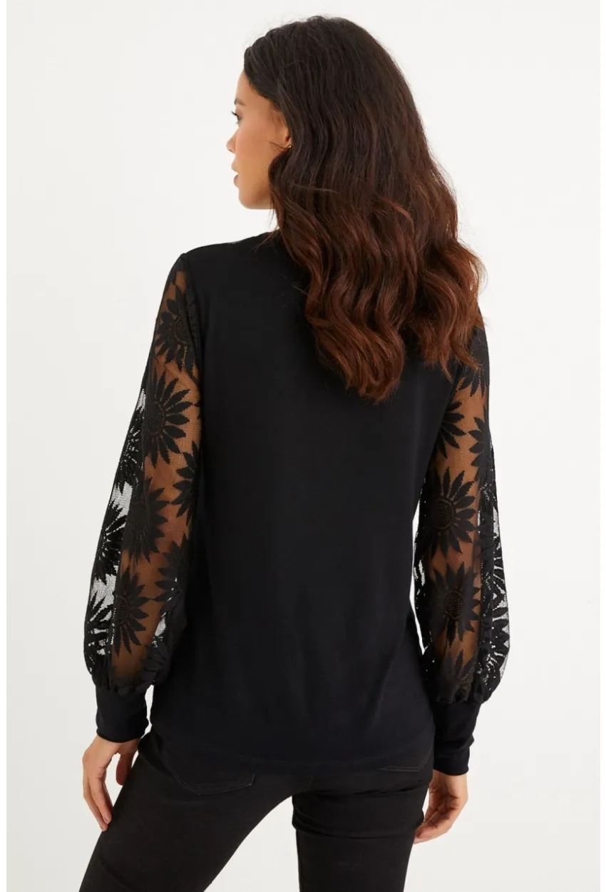 Kadın Siyah Yarım Balıkçı Dantelli Bluz BK1272