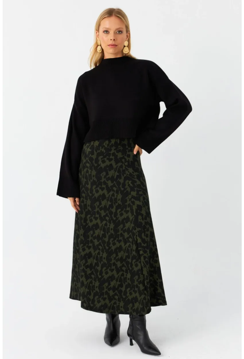Kadın Siyah-Yeşil Desenli Çan Etek LON3007
