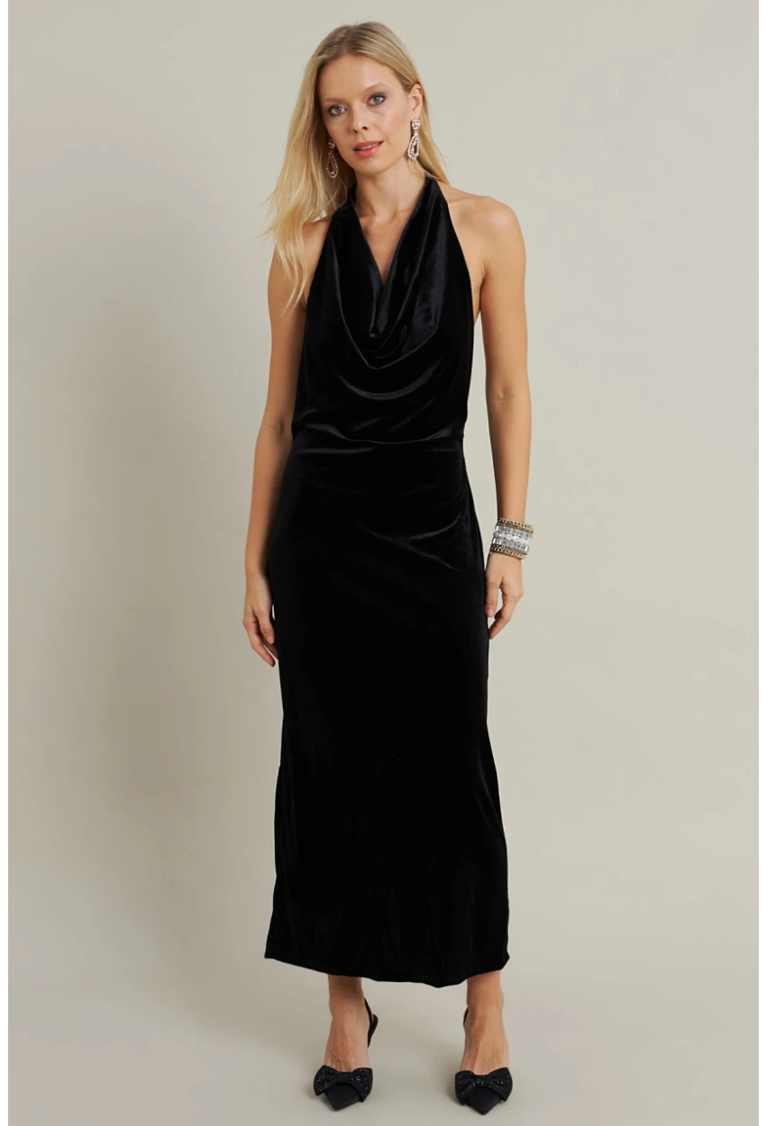 Kadın Siyah Yılbaşı Degaje Yaka Uzun Elbise GÇ197