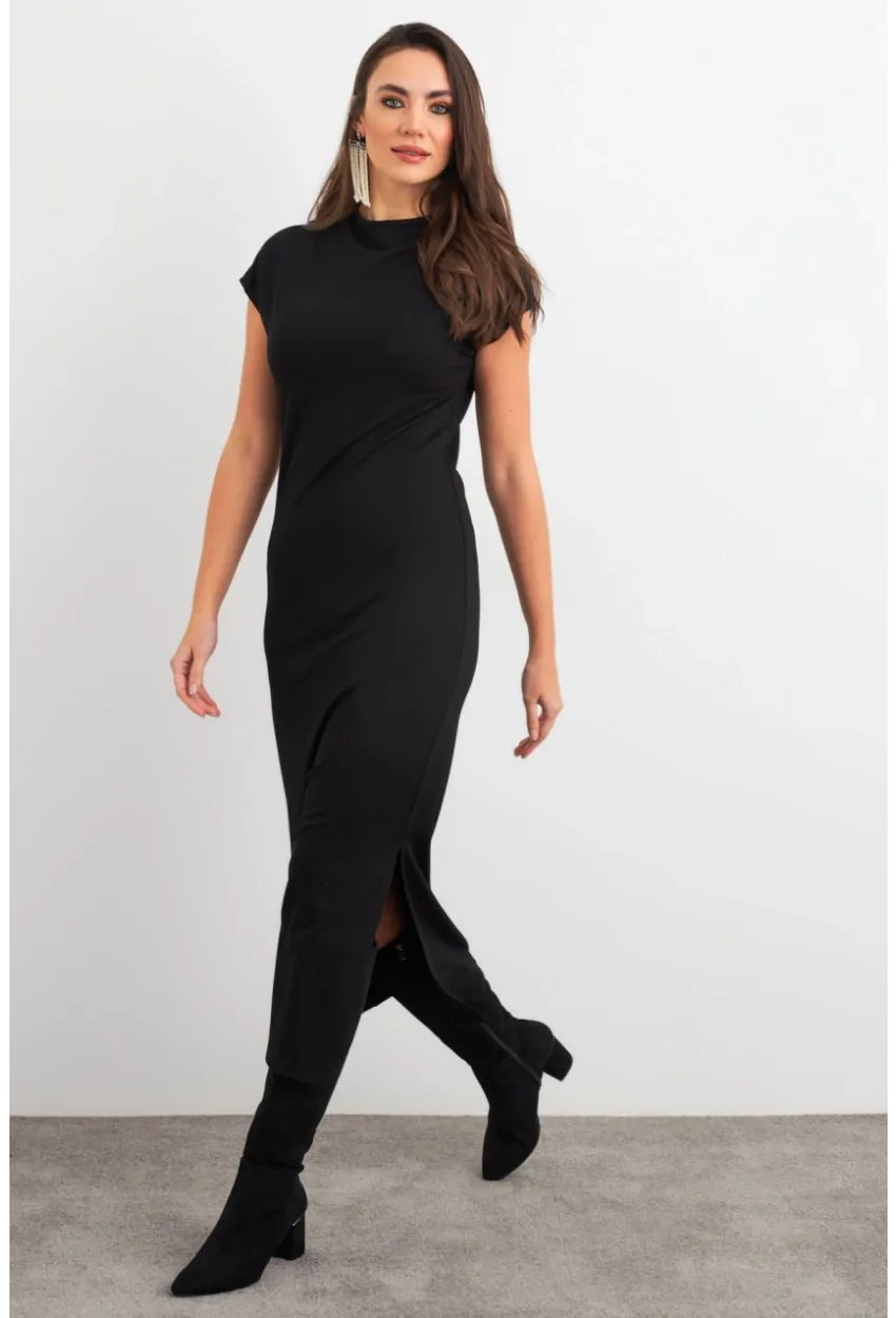 Kadın Siyah Yırtmaçlı Basic Midi Elbise AYD408