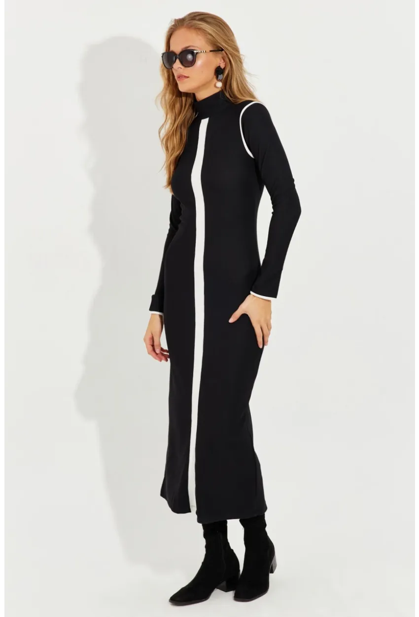 Kadın Siyah Yırtmaçlı Biyeli Midi Elbise RMZ1000