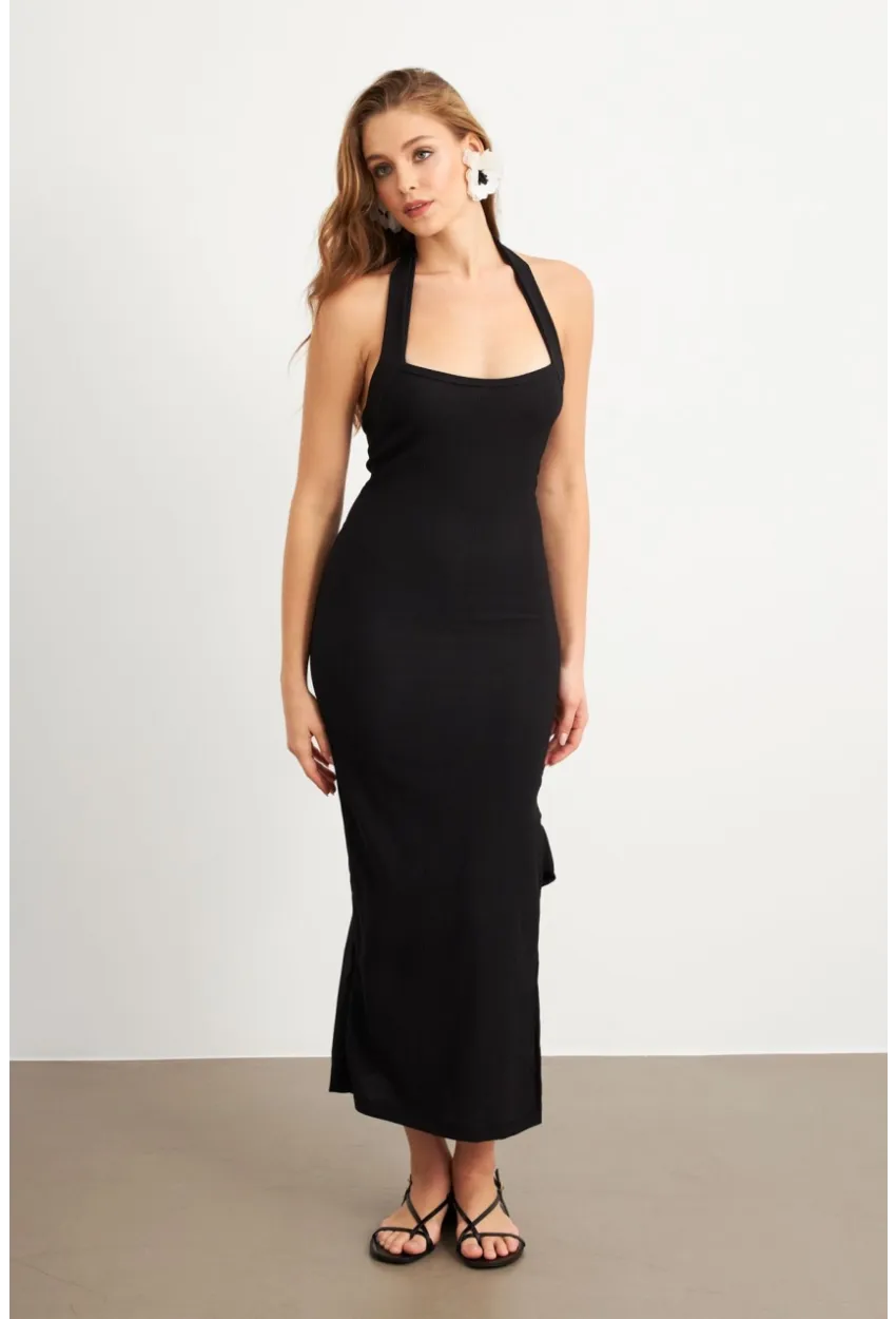 Kadın Siyah Yırtmaçlı Bürümcük Midi Elbise EY3098