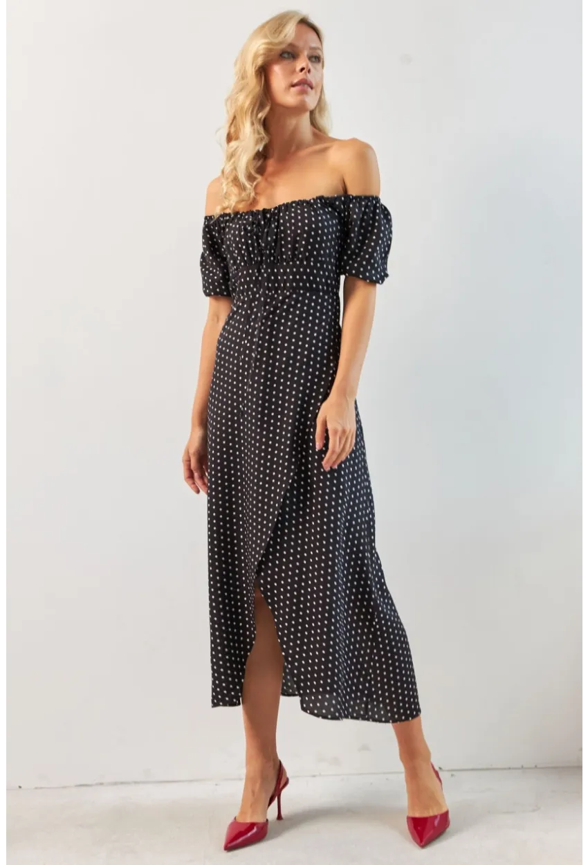 Kadın Siyah Yırtmaçlı Desenli Midi Elbise KED0243