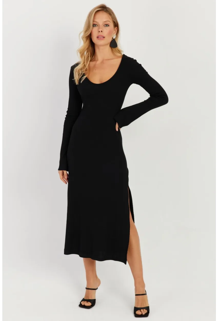 Kadın Siyah Yırtmaçlı Kaşkorse Midi Elbise EY2702