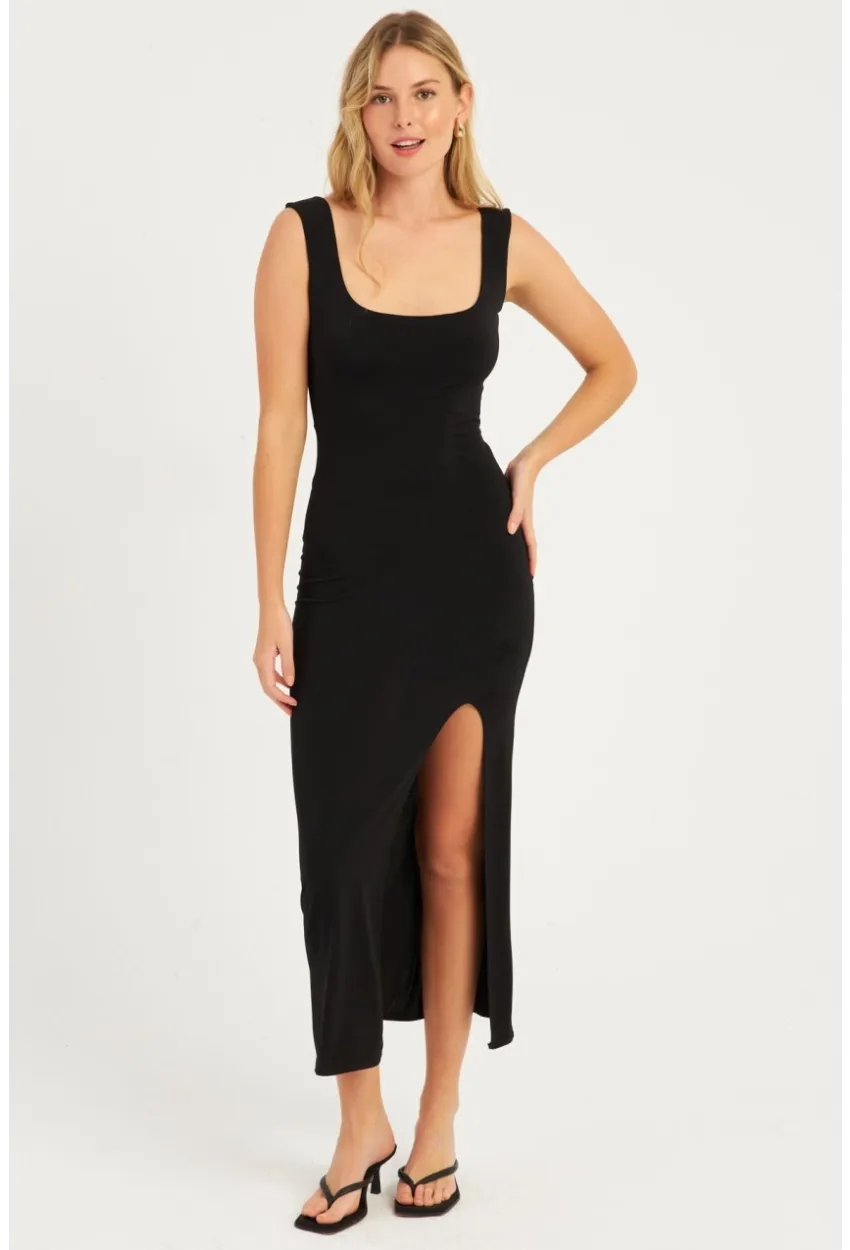 Kadın Siyah Yırtmaçlı Midi Elbise  MON1152