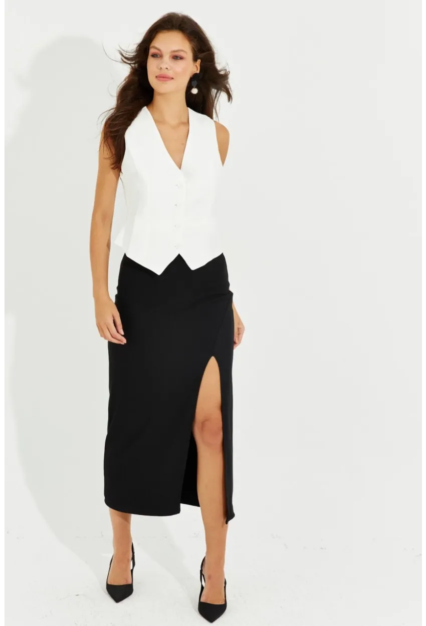 Kadın Siyah Yırtmaçlı Midi Etek RMZ20522